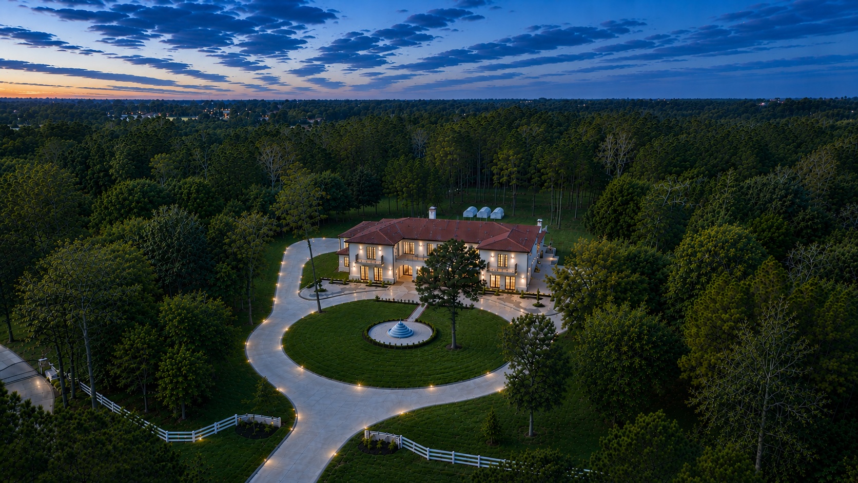 Aerial view of 1031 Hunters Creek Way at twilight