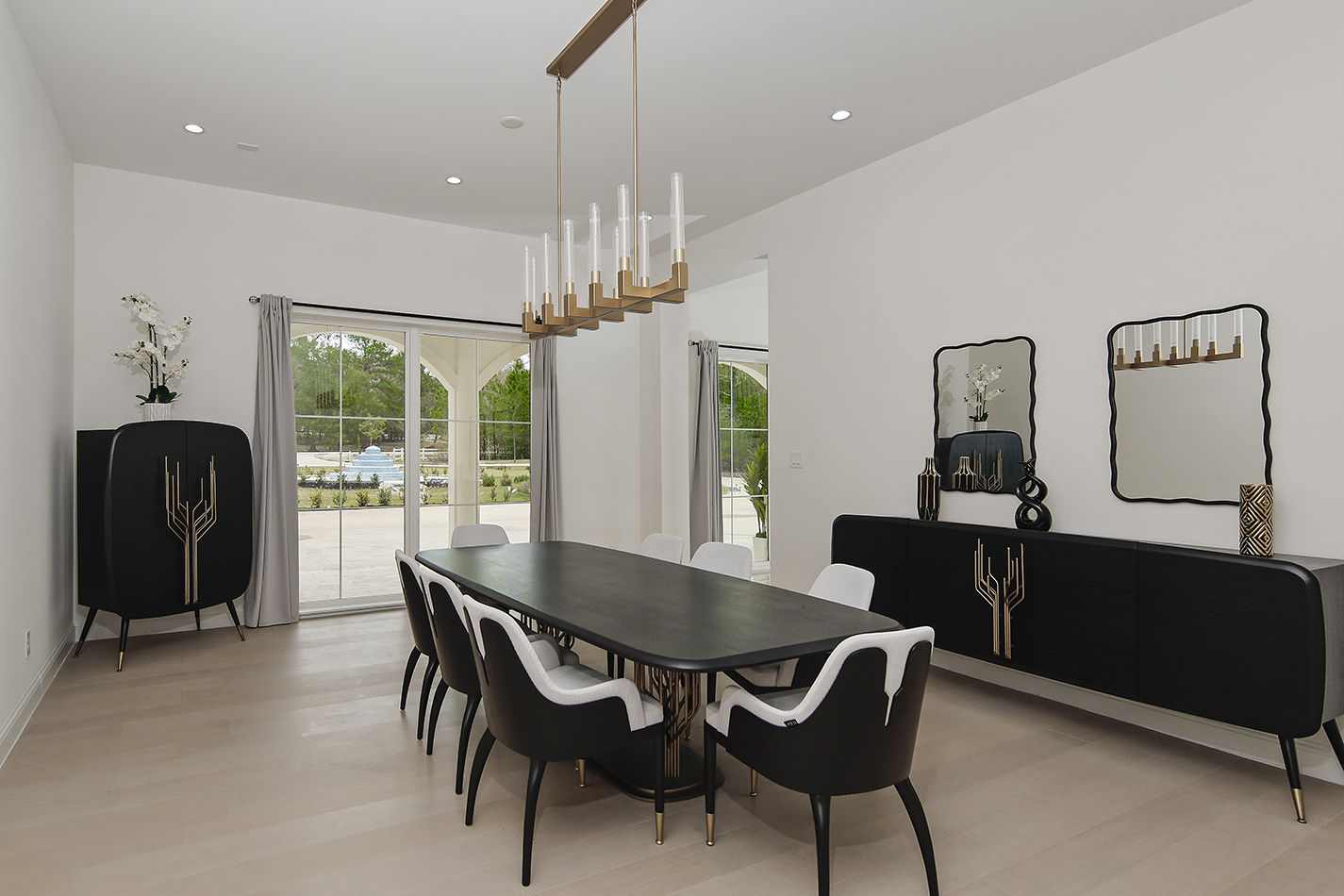 Formal dining room overlooking the fountain garden